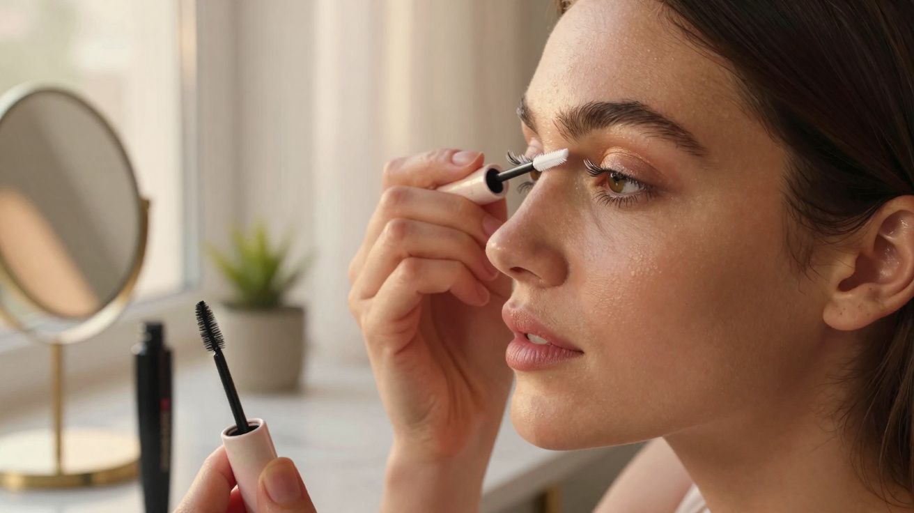 Mulher aplicando rímel branco nos cílios em um ambiente iluminado, com espelho e planta ao fundo.