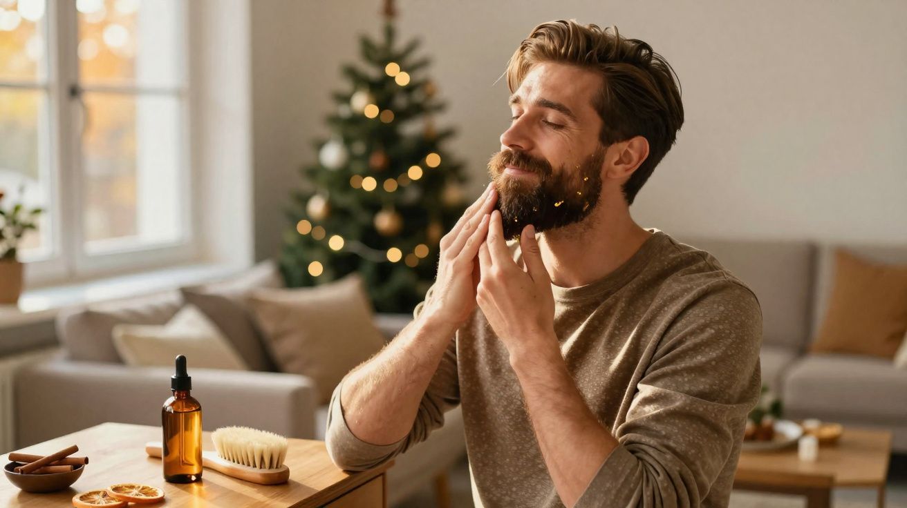 Homem aplicando óleo na barba em ambiente aconchegante com árvore de Natal ao fundo.