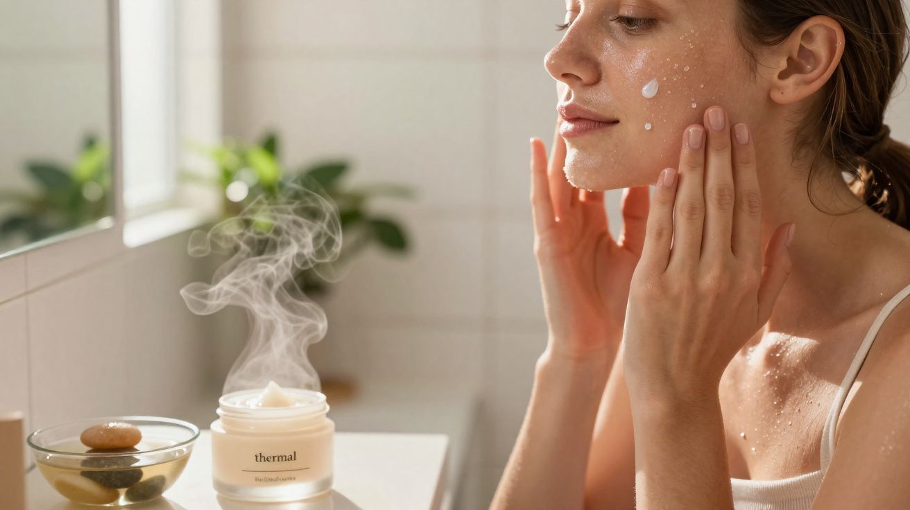Mulher aplicando creme facial em ambiente claro com pote de creme e tigela de pedras decorativas.