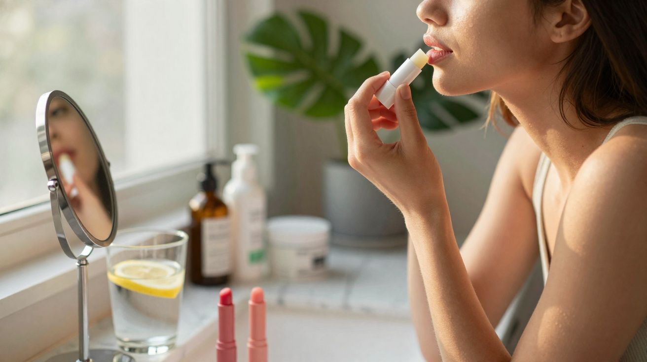 Mulher aplicando protetor labial em frente ao espelho com itens de cuidados pessoais ao fundo.