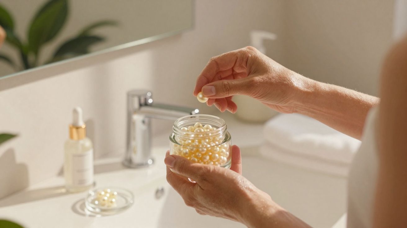 Mãos segurando vidro com cápsulas peroladas em bancada de banheiro iluminada e com plantas ao fundo.