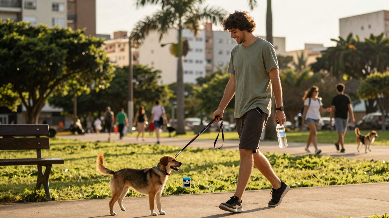 Homem caminhando com cachorro em parque urbano ao entardecer segurando garrafa de água.