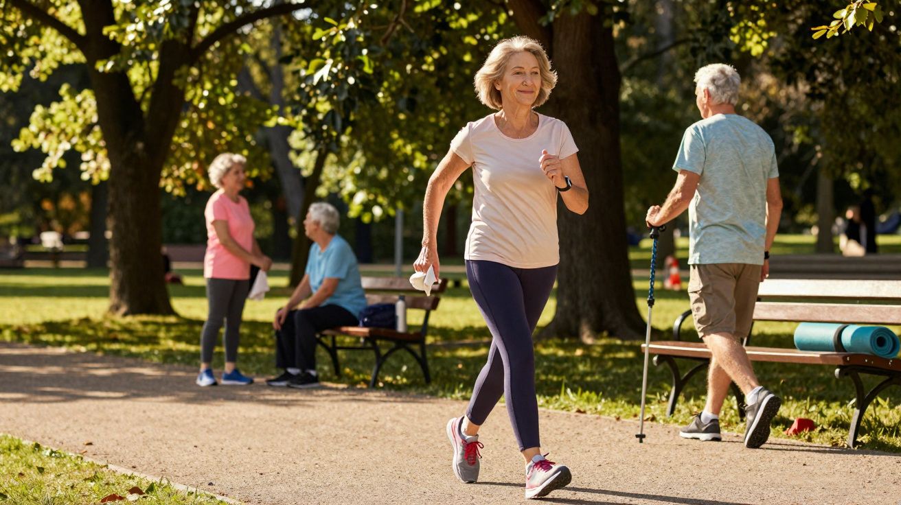 Mulher idosa caminhando em parque com outras pessoas idosas ao fundo em dia ensolarado.