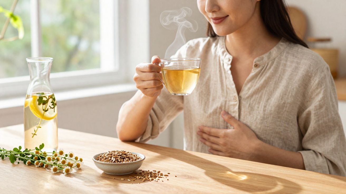 Mulher segurando xícara de chá quente, sorrindo, com ervas e sementes sobre a mesa de madeira.