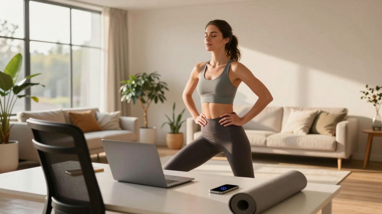 Mulher em roupa de esporte faz alongamento assistindo aula online em sala clara com sofá e plantas.
