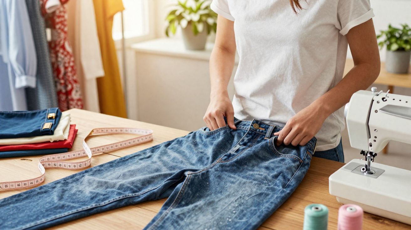 Pessoa organizando calça jeans sobre mesa com máquina de costura, rolos de linha e fita métrica.