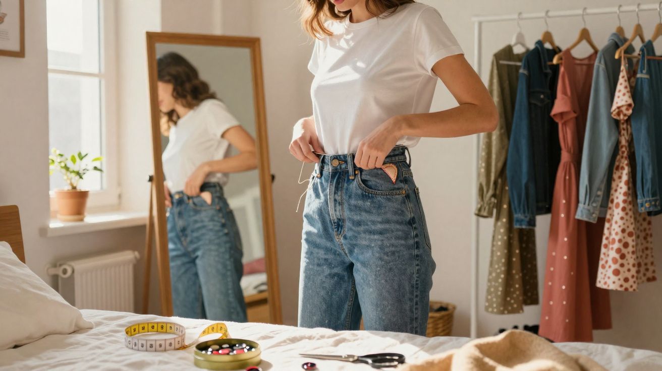 Mulher ajustando calça jeans alta em quarto com roupas, espelho e fita métrica na cama.