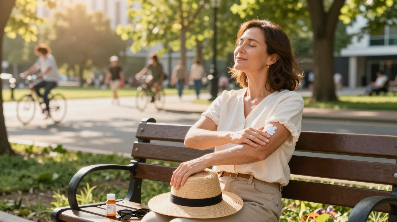 Mulher aplicando adesivo de cateter no braço sentada em banco de parque ao ar livre.