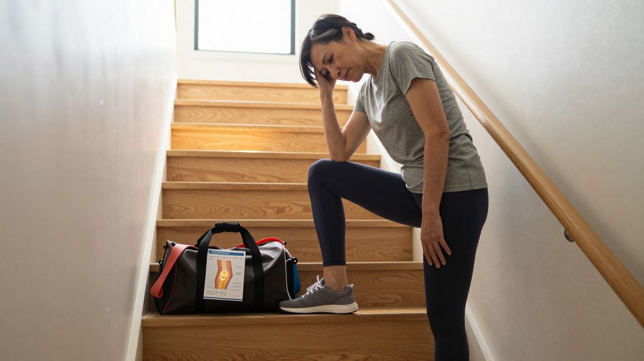 Mulher com expressão de dor segurando a cabeça, descansando a perna sobre escada próxima a bolsa de ginástica.