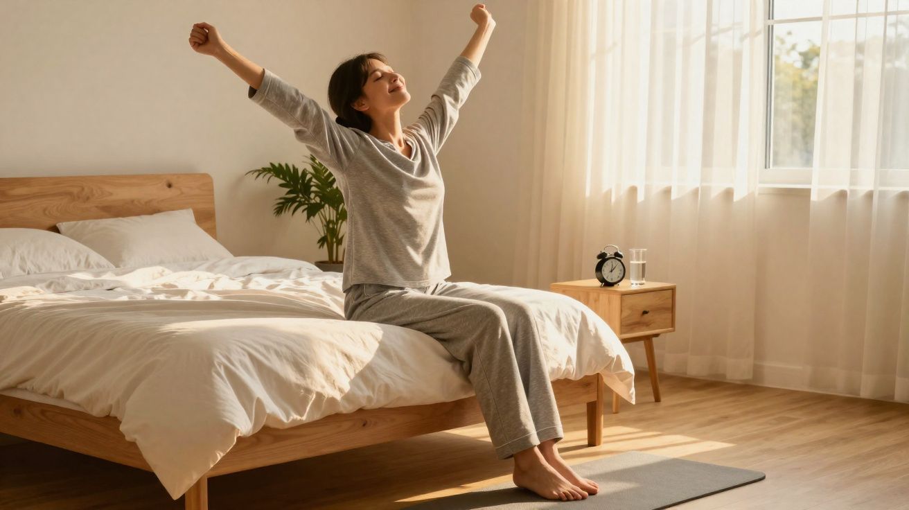 Mulher acordando sorrindo e espreguiçando-se sentada na cama de um quarto iluminado pelo sol.