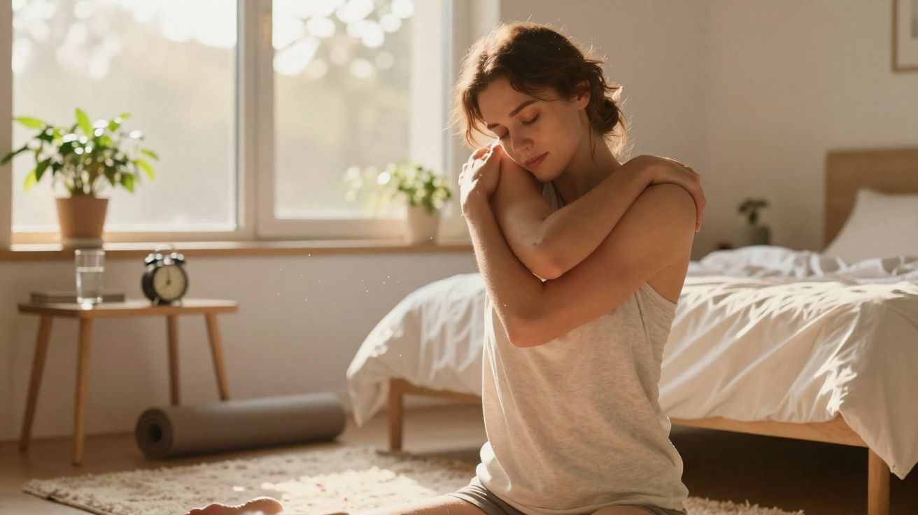 Mulher sorridente fazendo alongamento sentado no chão de quarto iluminado pelo sol da manhã.