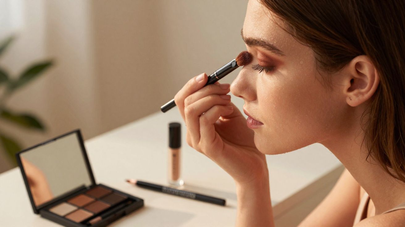 Mulher aplicando sombra marrom nos olhos com pincel, ao lado de maquiagem sobre mesa branca.