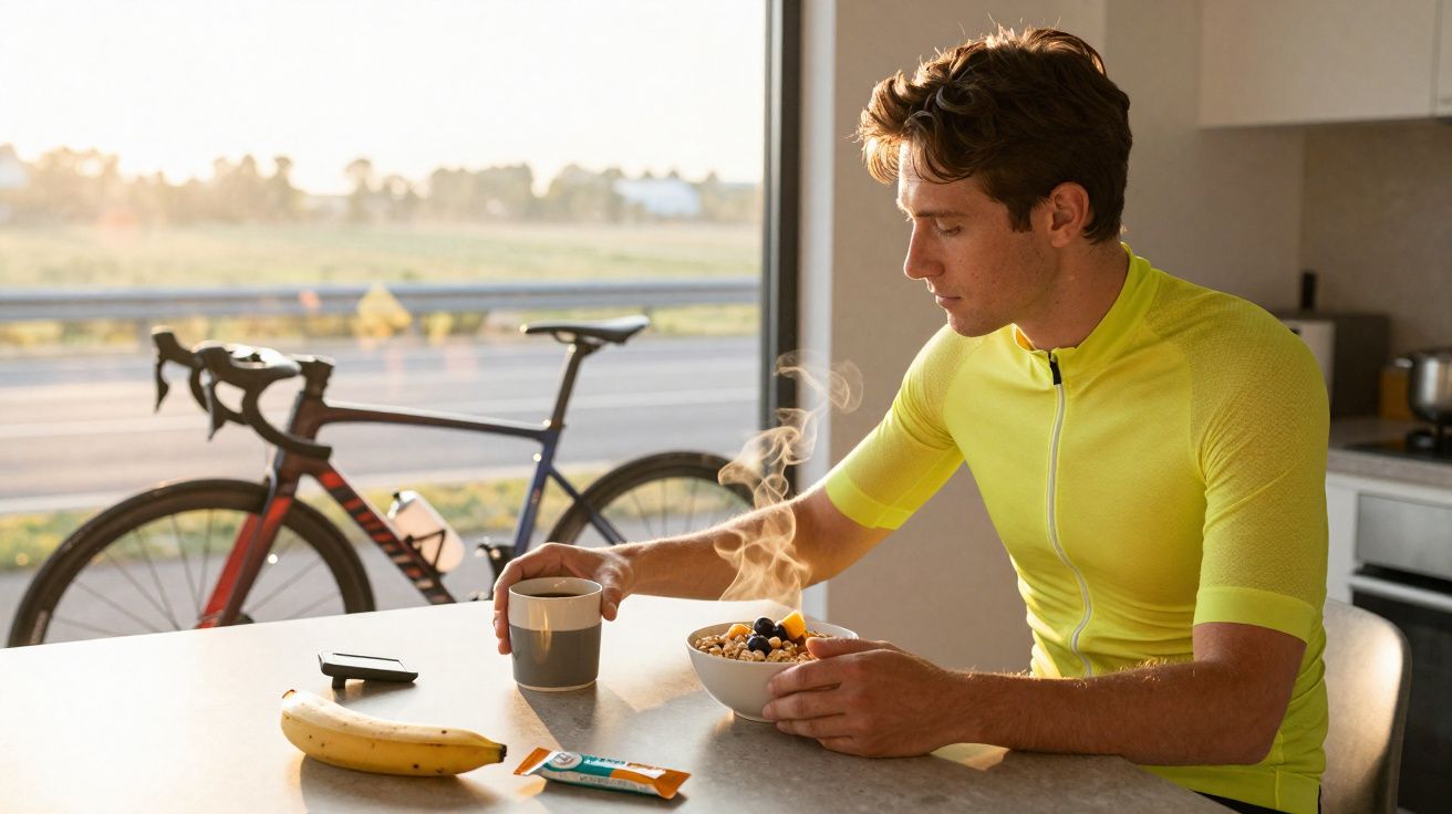 Homem com roupa de ciclismo amarela tomando café da manhã na cozinha, com bicicleta encostada na janela.