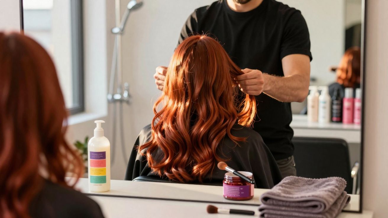 Pessoa com cabelo ruivo cacheado recebendo tratamento capilar em salão de beleza, vista pelo espelho.