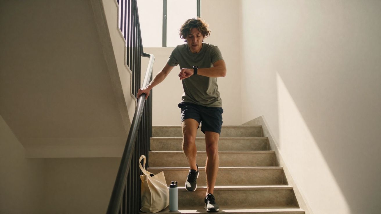 Homem olhando relógio enquanto desce escada de prédio com mochila e garrafa ao lado.