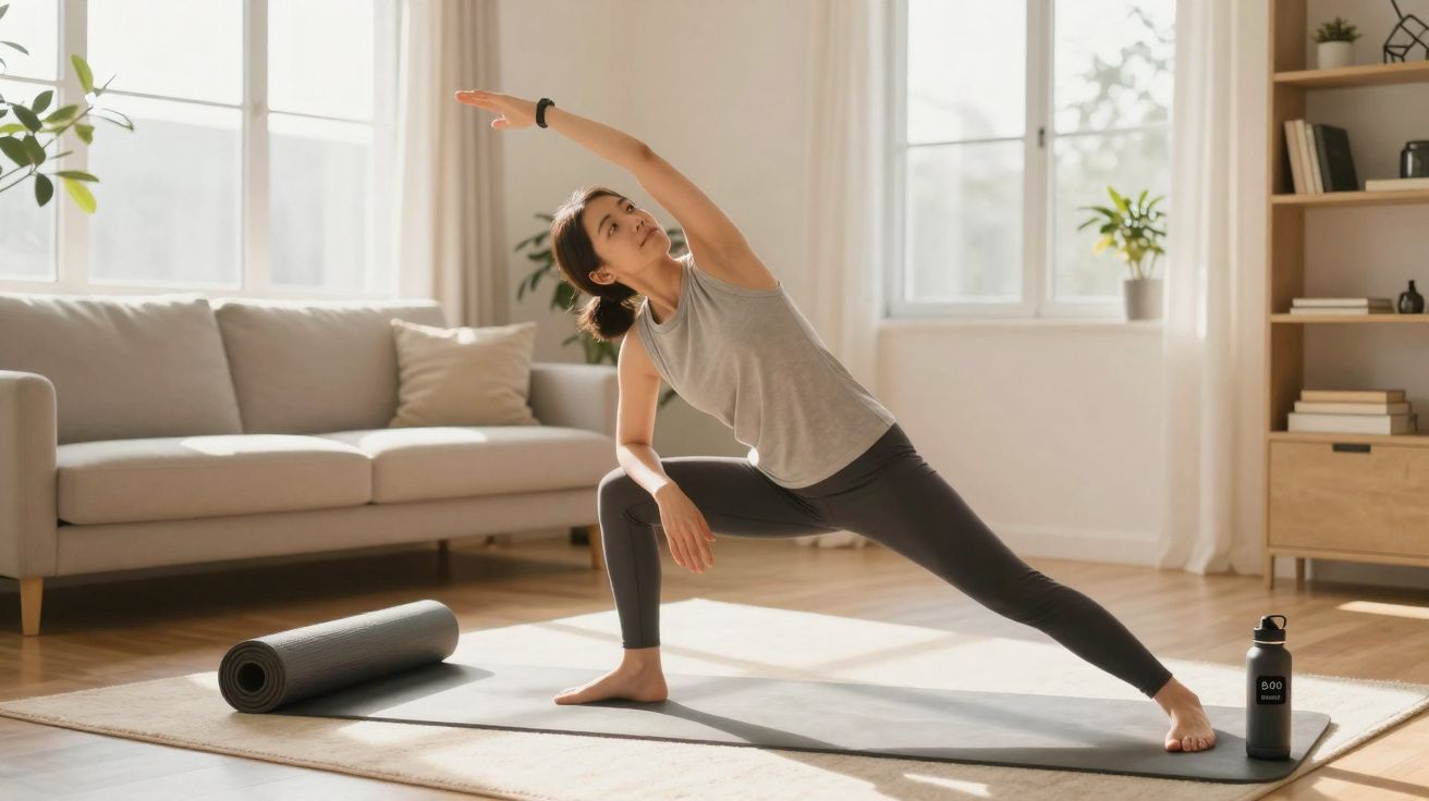 Mulher fazendo alongamento em tapete de yoga na sala iluminada com sofá e plantas ao fundo.