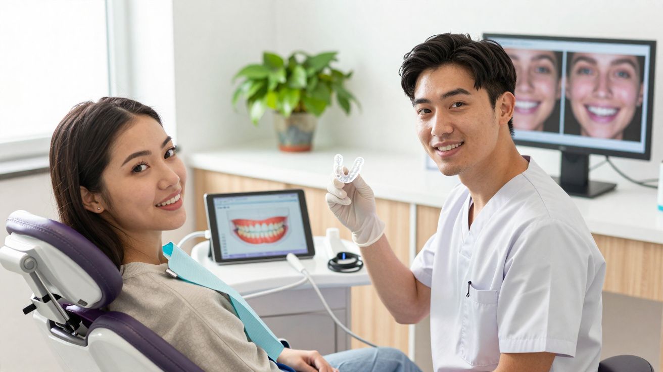 Dentista mostrando aparelho transparente para paciente em consultório moderno e iluminado.
