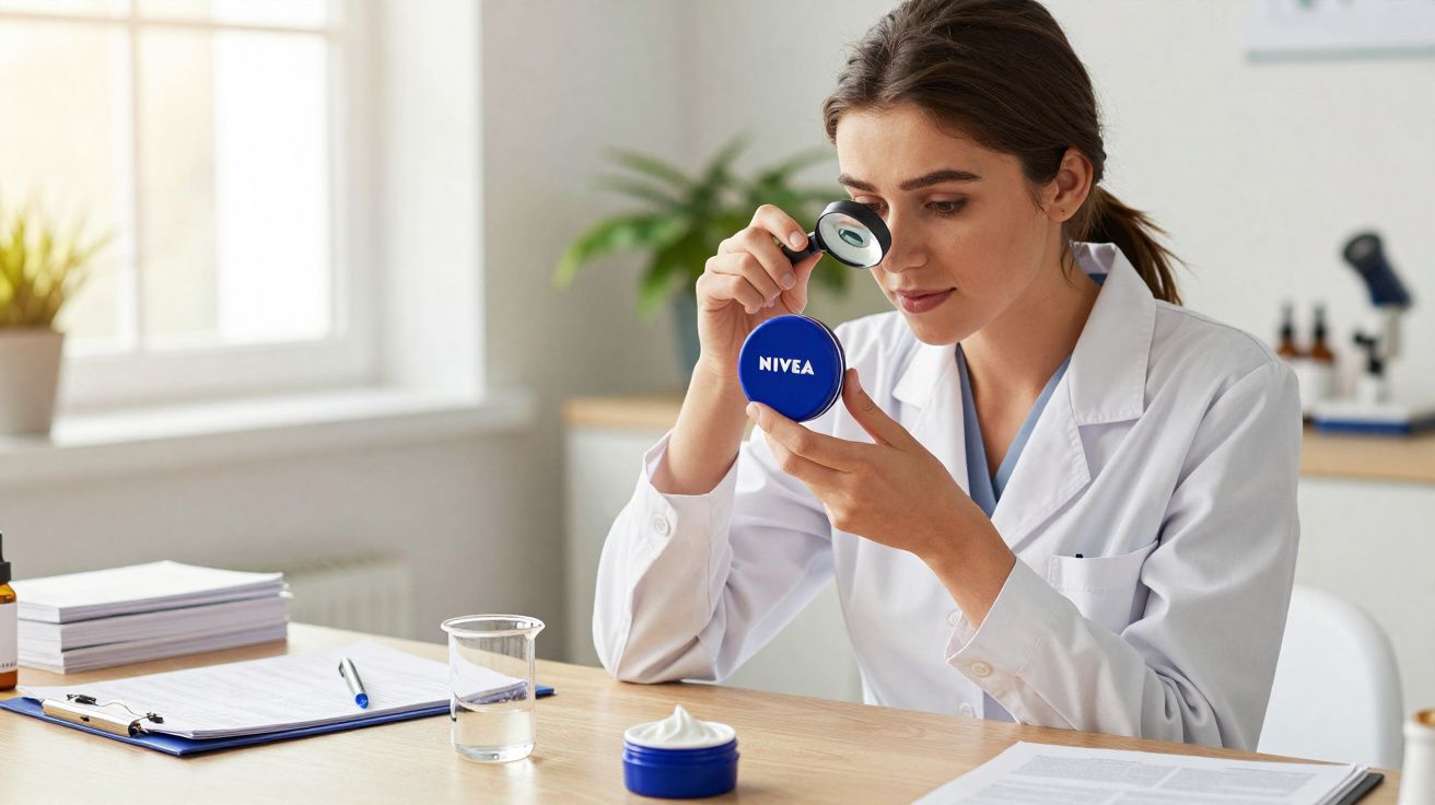 Mulher em jaleco branco examinando creme NIVEA com lupa em ambiente de laboratório.