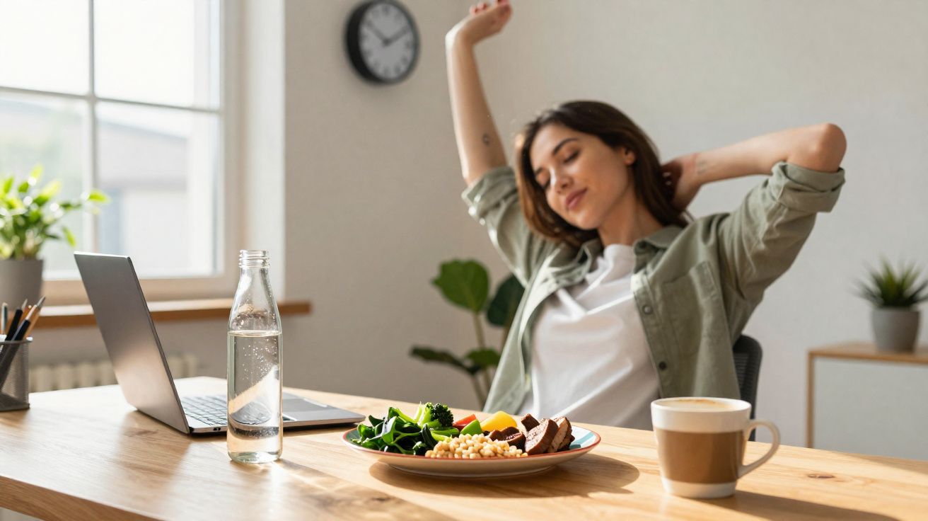 Mulher se espreguiçando sentada à mesa com bandeja de comida, copo de água e café ao lado.