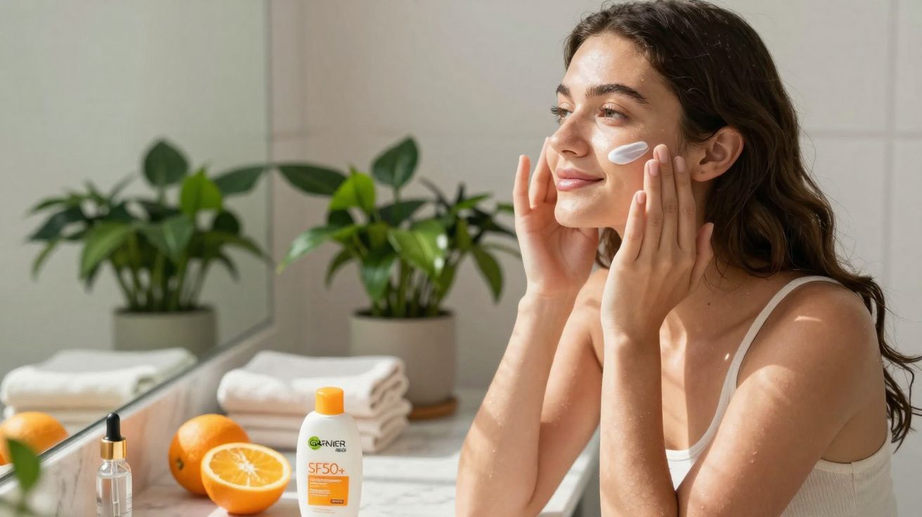 Mulher aplicando protetor solar no rosto, com planta, laranjas e produtos sobre pia em banheiro iluminado.
