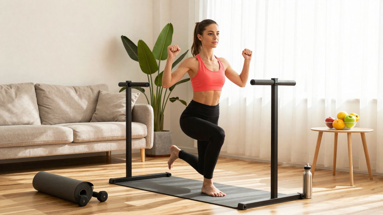 Mulher fazendo exercício de equilíbrio em estúdio de pilates em casa, vestindo roupas esportivas.