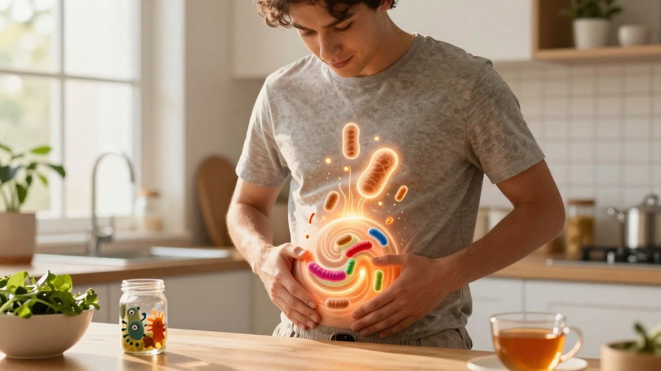 Homem em cozinha tocando a barriga com ilustração de bactérias coloridas no abdômen.