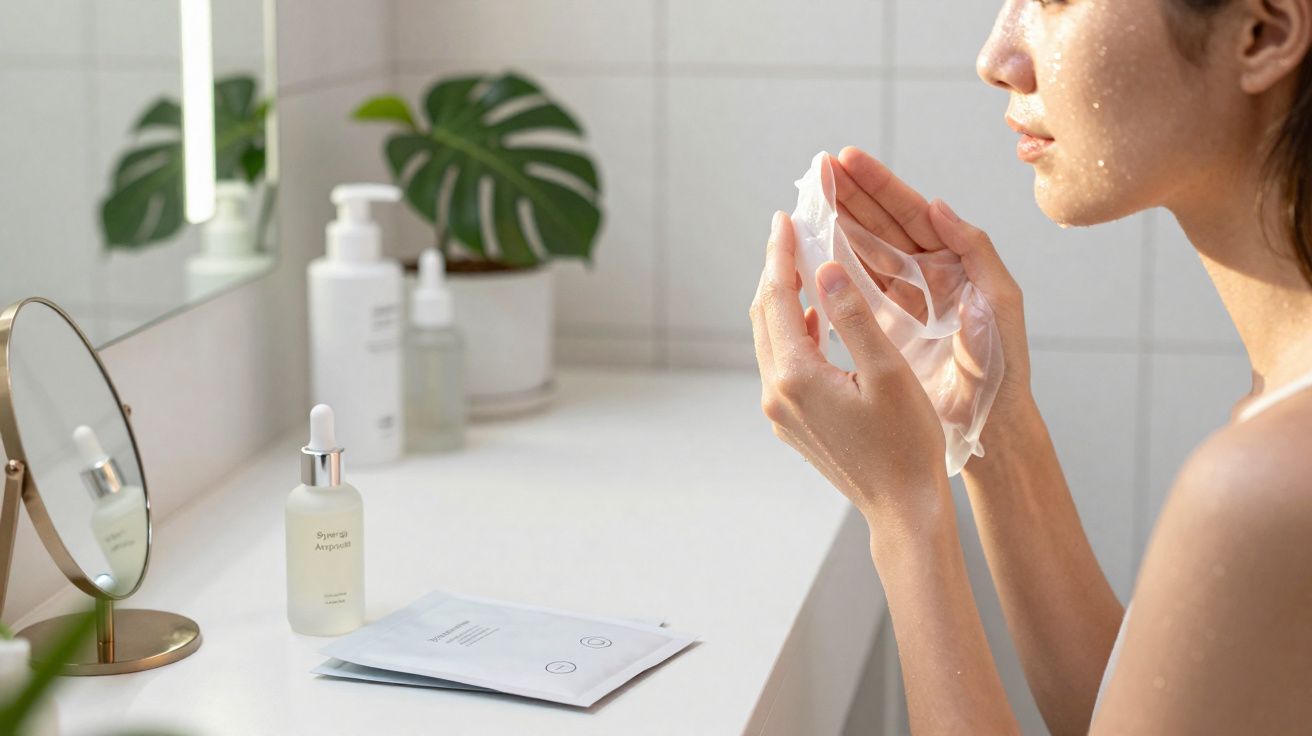 Mulher aplicando máscara facial transparente em banheiro com produtos de skincare ao lado.