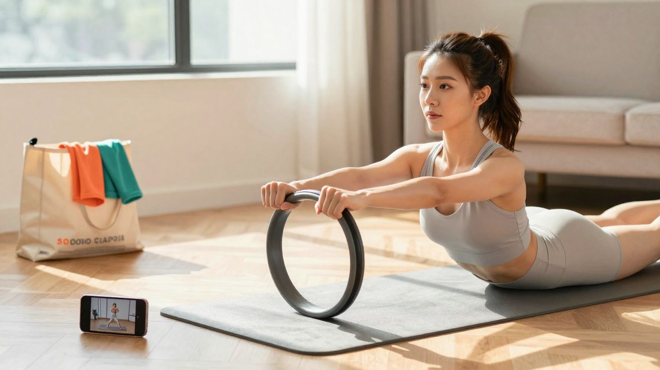 Mulher em roupa de treino fazendo exercício com aro de pilates em tapete, assistindo aula no celular.