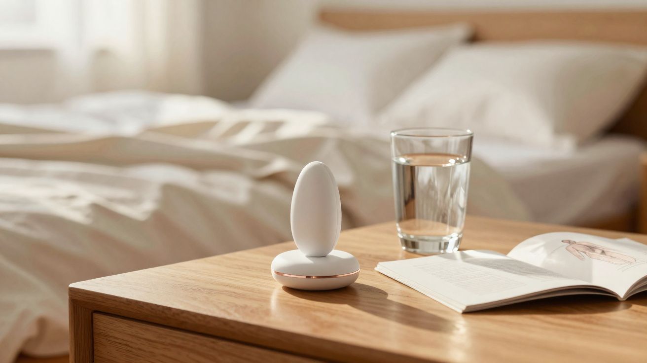 Mesa de cabeceira com dispositivo branco, copo de água e livro aberto, ao lado de cama com lençóis claros.