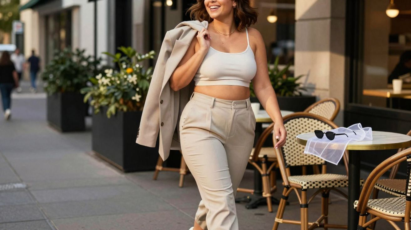 Mulher sorridente caminhando na calçada com blazer bege no ombro e top branco.