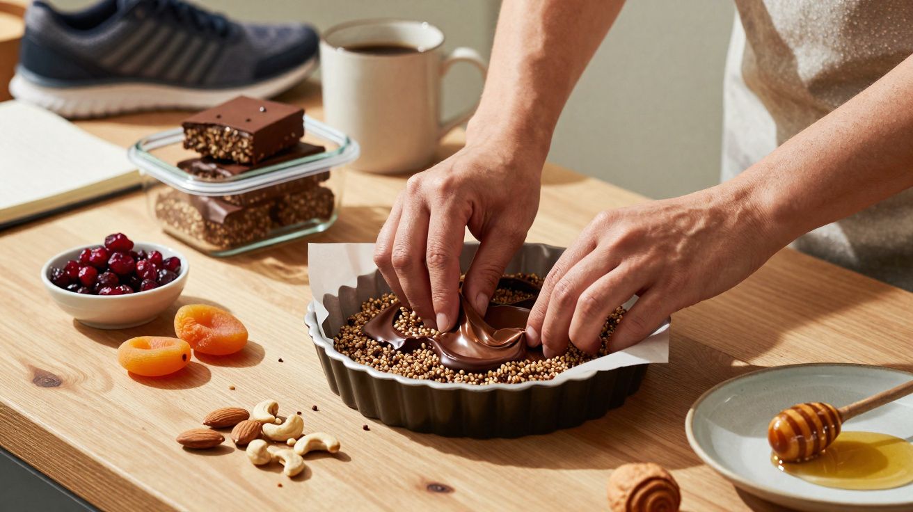 Mãos preparando doce com chocolate e grãos em forma de fundo de torta, ao redor frutas secas, castanhas e mel.