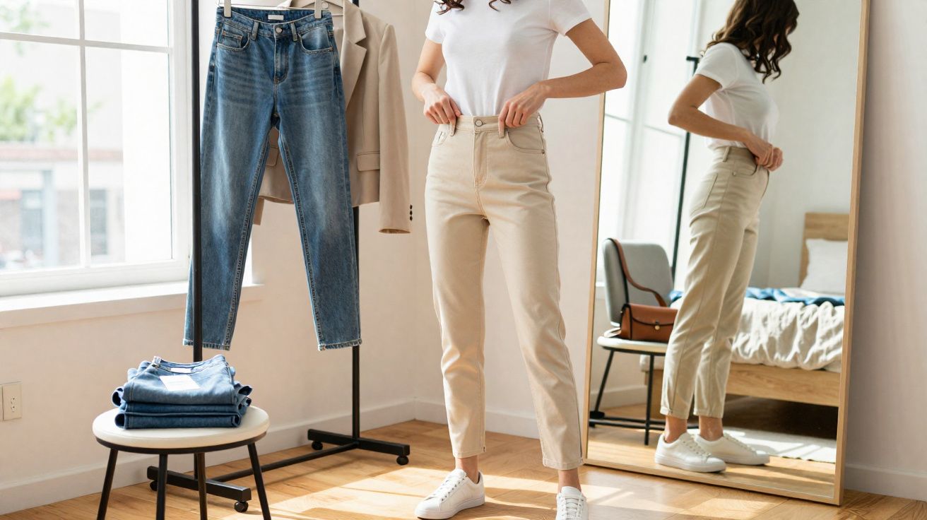Mulher vestindo calça bege e camiseta branca, ajustando a cintura em frente a espelho.
