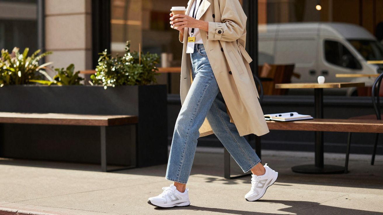 Pessoa caminhando na cidade com tênis branco, jeans, casaco bege e café em mãos.
