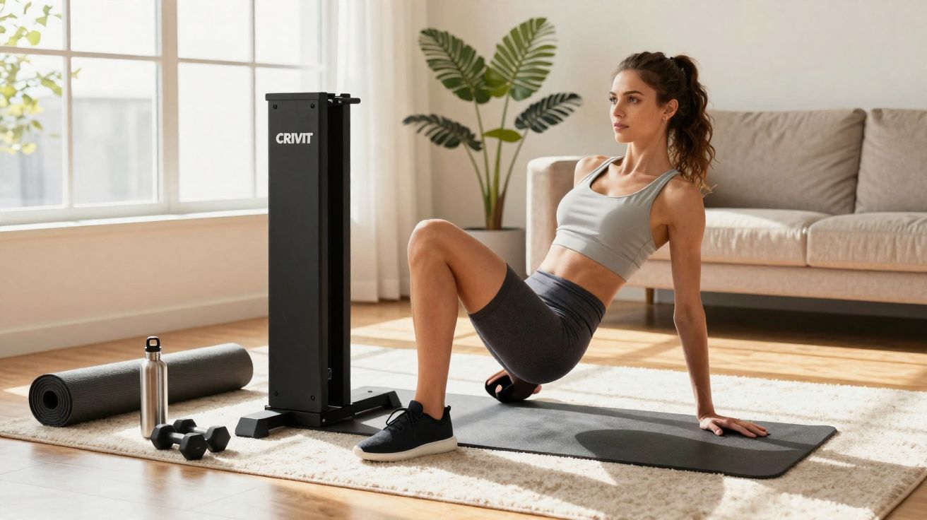Mulher fazendo exercício com halteres em tapete de yoga na sala iluminada e arejada.