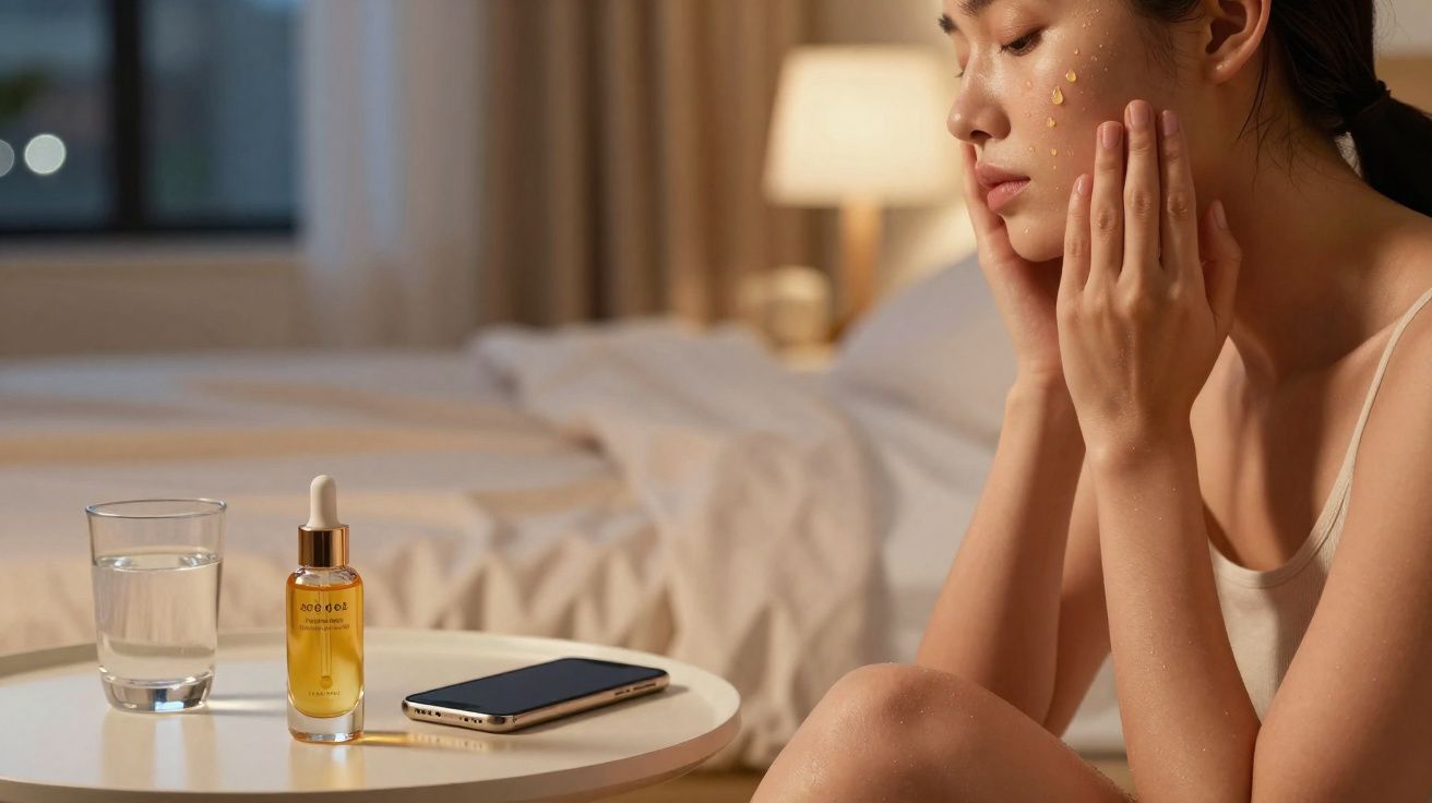 Mulher aplicando sérum facial sentada perto de cama, mesa com copo d’água, celular e frasco de óleo.