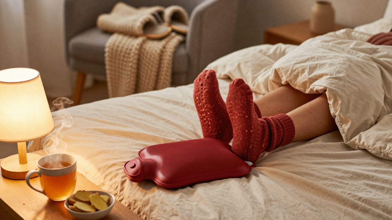 Pessoa de meia vermelha com bolsa de água quente aquecendo os pés na cama ao lado de chá e biscoitos.