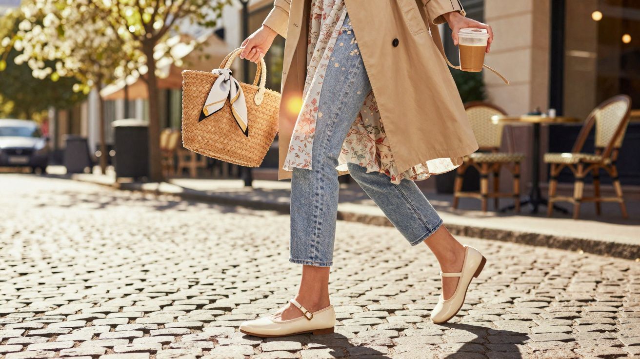 Pessoa caminhando com vestido, casaco bege, jeans, sapatos claros, bolsa de palha e café na mão em calçada de pedra.