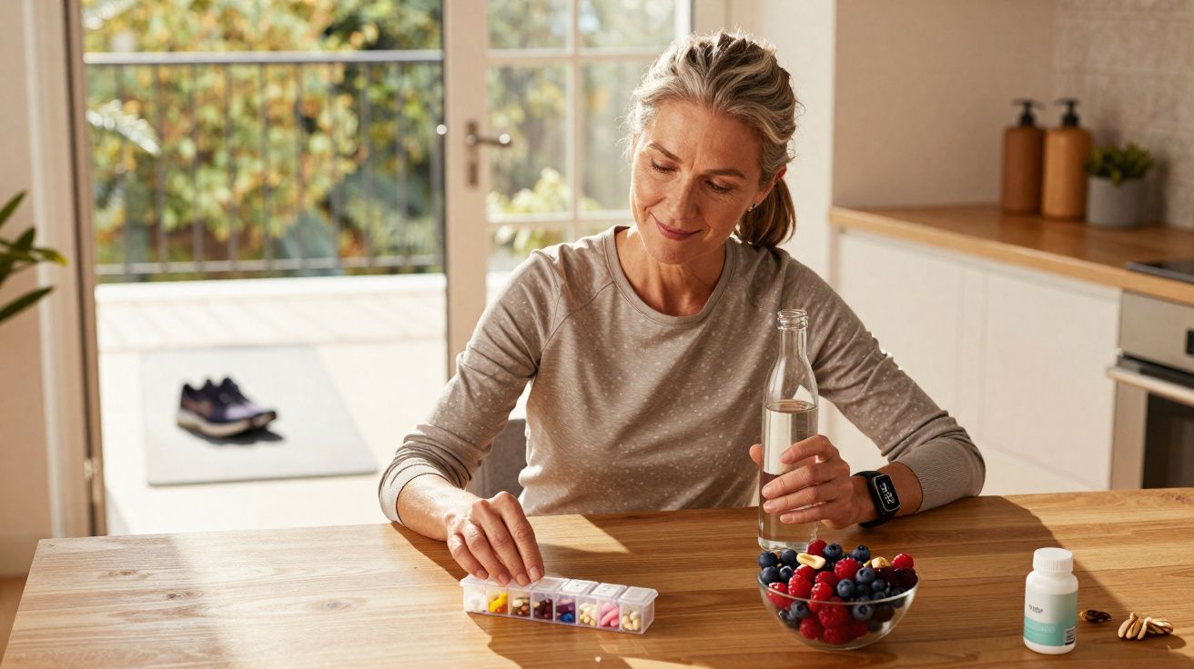 Mulher madura sentada à mesa pegando comprimidos de um organizador com uma mão e segurando uma garrafa de água na outra.
