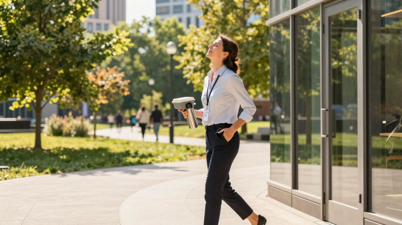 Mulher de negócios caminhando ao ar livre com copo térmico, olhando para cima, ao lado de prédio moderno.
