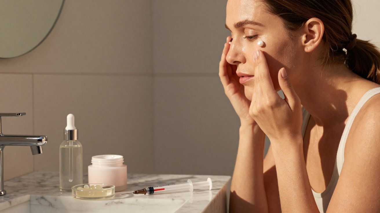 Mulher aplicando creme no rosto em banheiro com produtos de cuidados com a pele na pia.