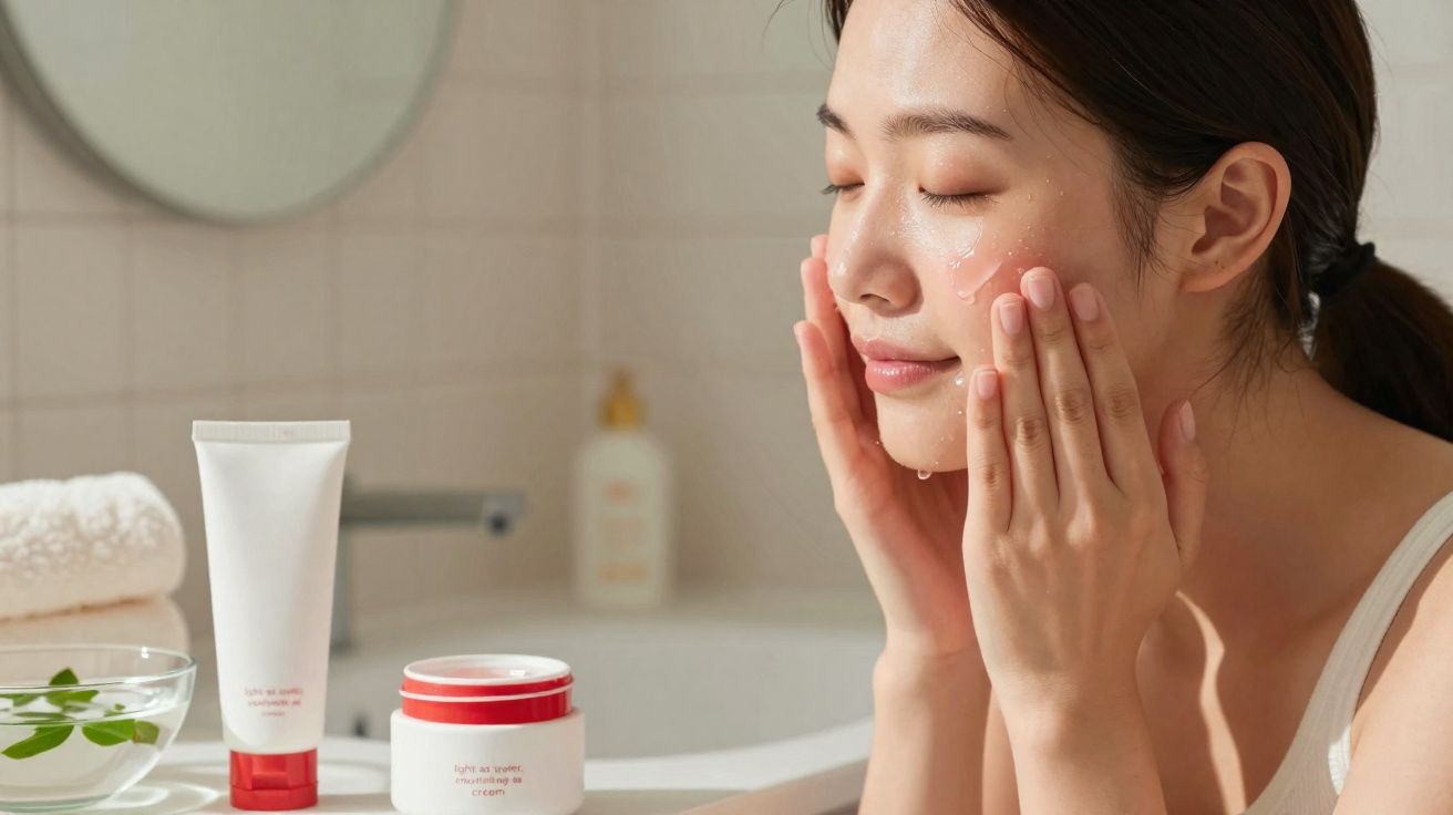 Mulher aplicando creme hidratante no rosto em banheiro com produtos de cuidados faciais ao fundo.