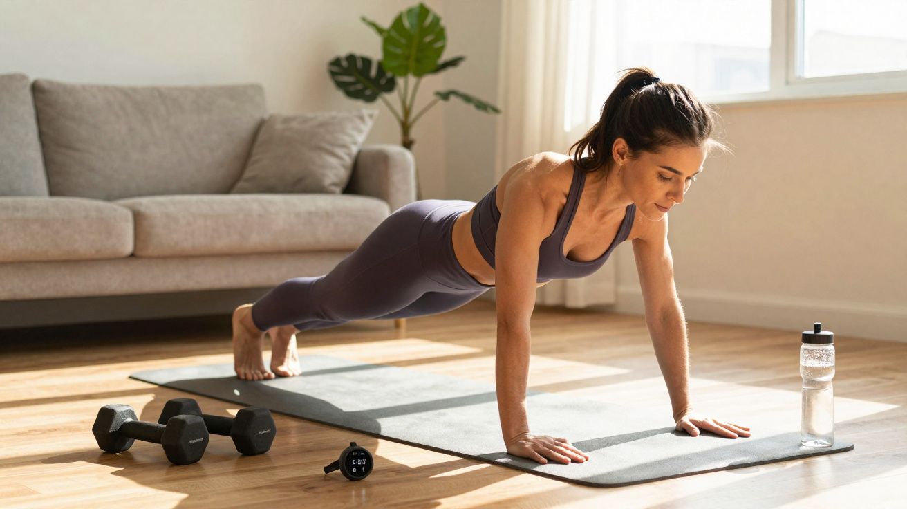 Mulher fazendo prancha em tapete de yoga em sala iluminada, com halteres, garrafa d'água e cronômetro no chão.