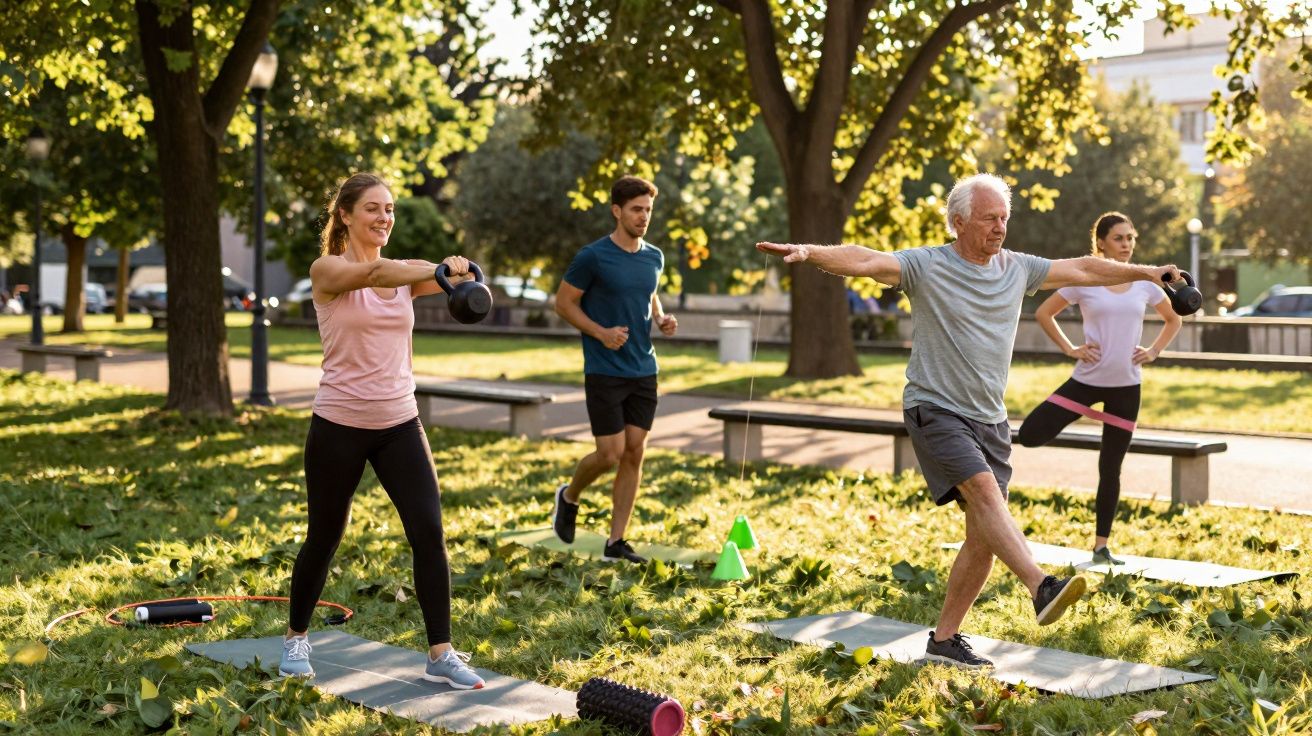 Grupo de pessoas praticando exercícios ao ar livre em parque ensolarado.