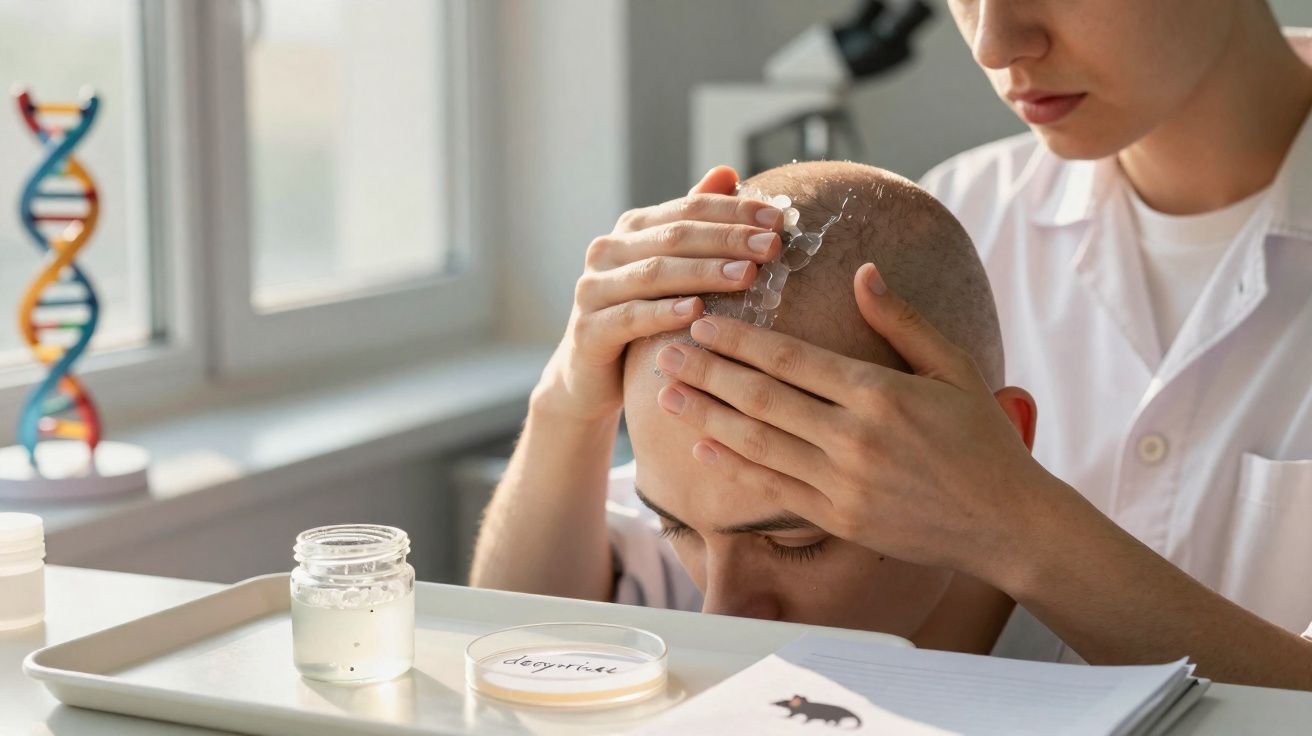 Pesquisador aplica gel ou adesivo transparente na cabeça de homem calvo em ambiente laboratorial.