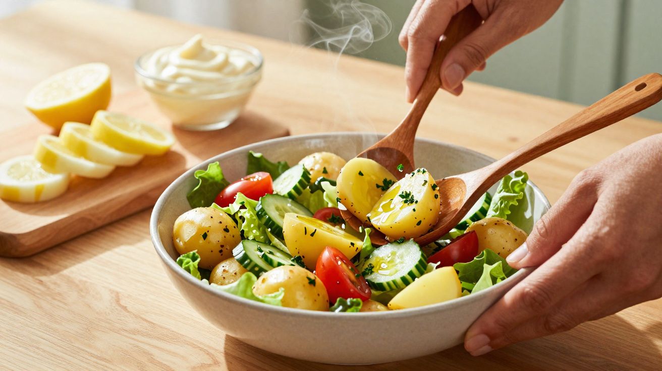 Mãos misturam salada de batatas quentes, tomates, pepinos e alface em tigela com limão e molho ao fundo.
