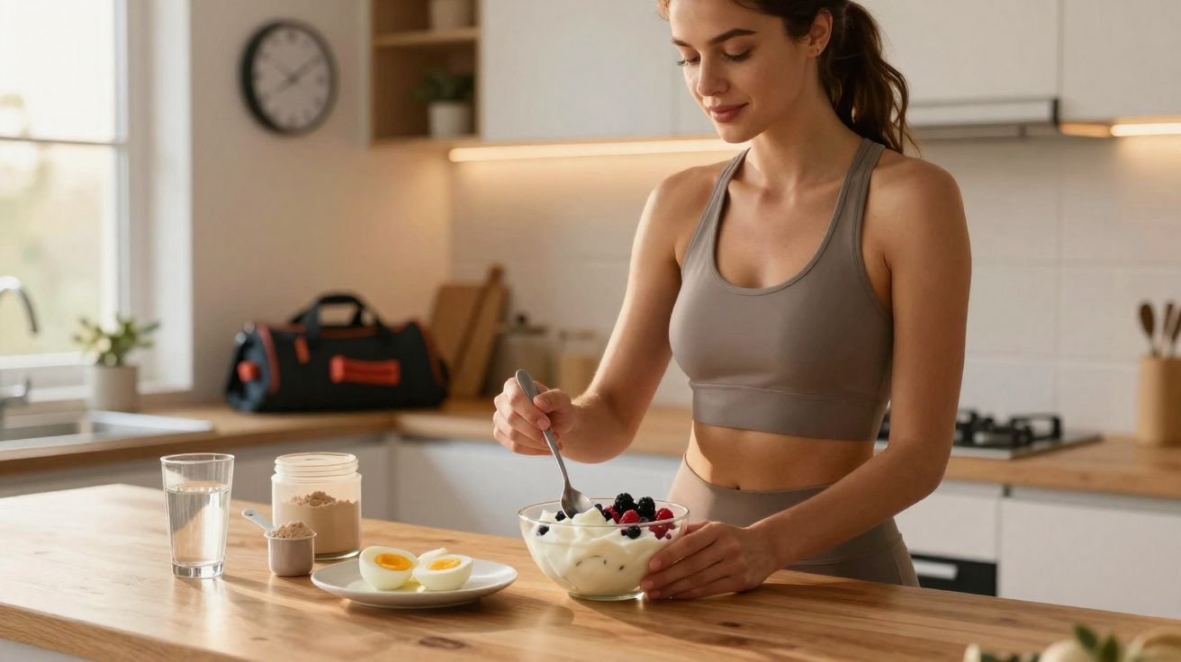 Mulher em roupa fitness prepara iogurte com frutas na cozinha moderna, ao lado de ovos cozidos e água.