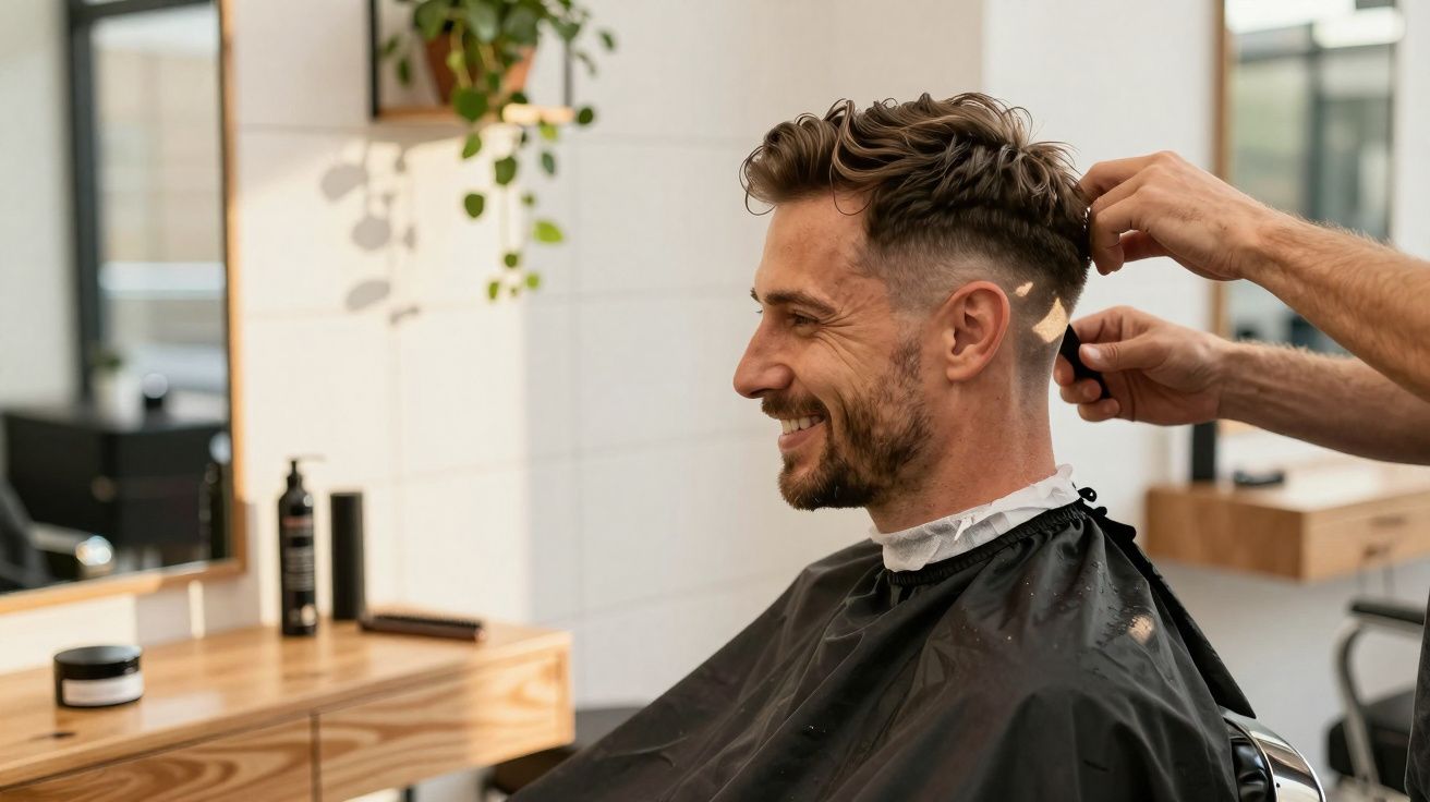 Homem sorridente recebendo corte de cabelo em salão moderno com luz natural e decoração minimalista.