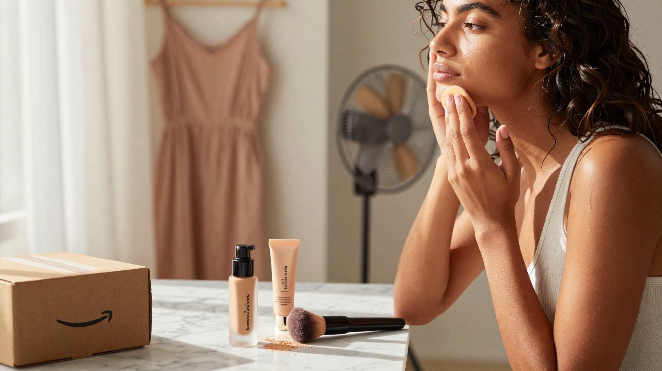 Mulher aplica maquiagem no rosto sentada à mesa com produtos e caixa da Amazon à frente.