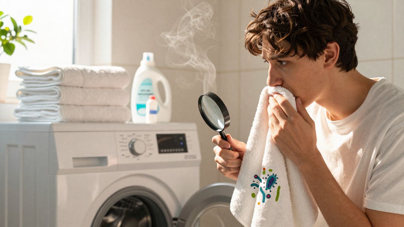 Homem examina toalha com lupa perto de máquina de lavar e detergente ao fundo em lavanderia.
