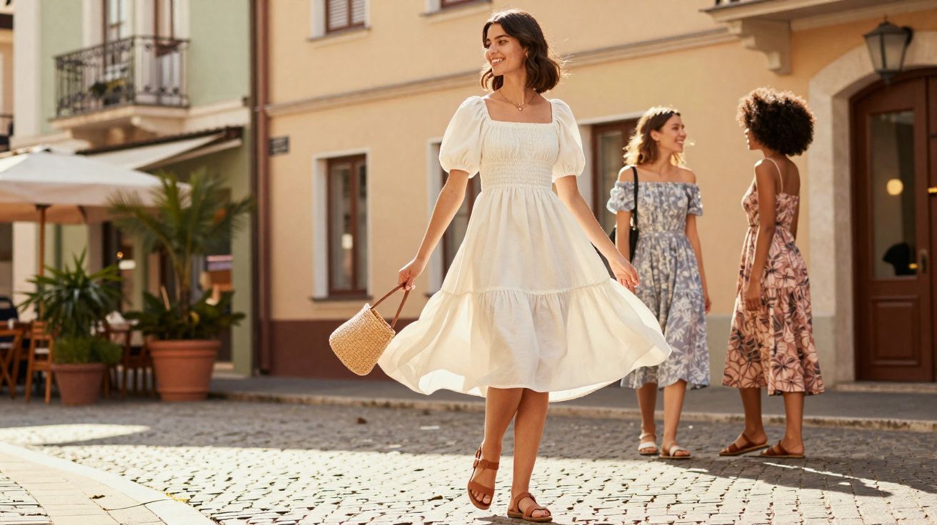 Mulher sorrindo com vestido branco e bolsa de palha caminhando em rua de paralelepípedo, outras duas ao fundo.
